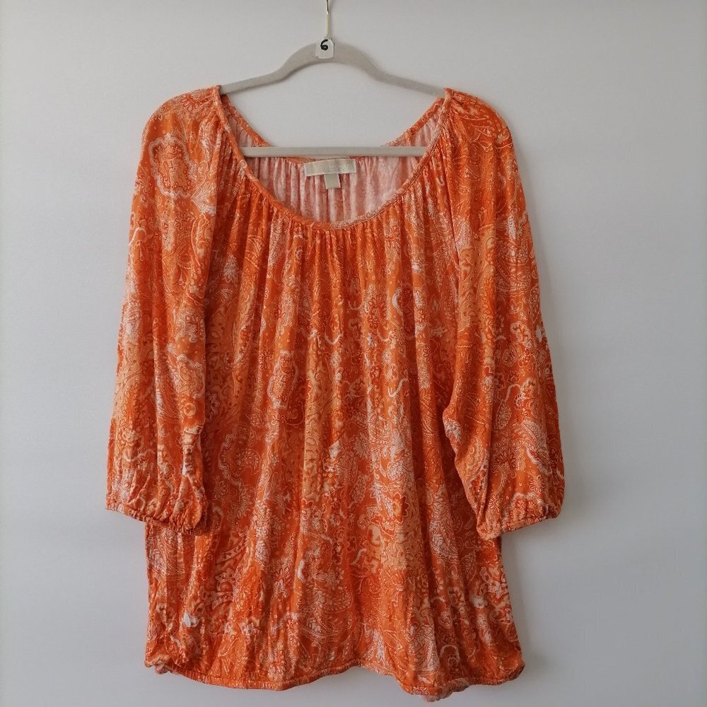 # Michael Kors Women's Orange Floral Blouse Size 2X Scoop Neck Elastic Cuff/Hem - Picture 1 of 6
